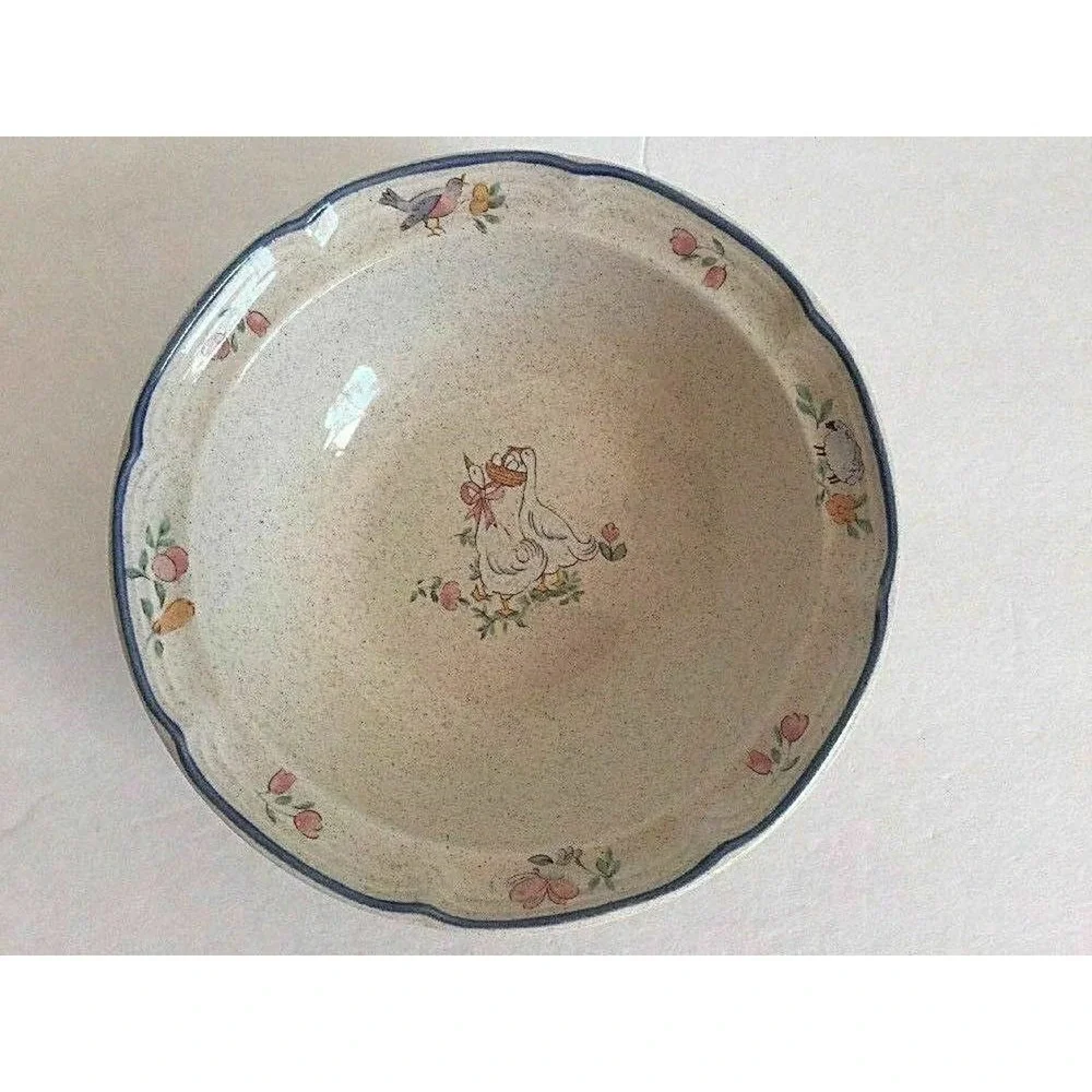 Set 2 International Stoneware Japan Cereal Soup Bowl Geese Lamb Bird Blue Rim - Picture 5 of 11